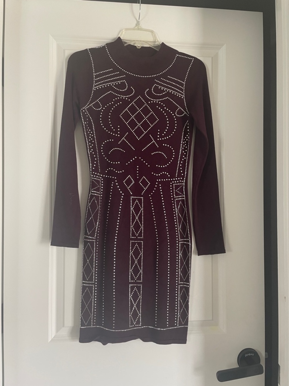 Burgundy Long-Sleeve Studded Bodycon Dress